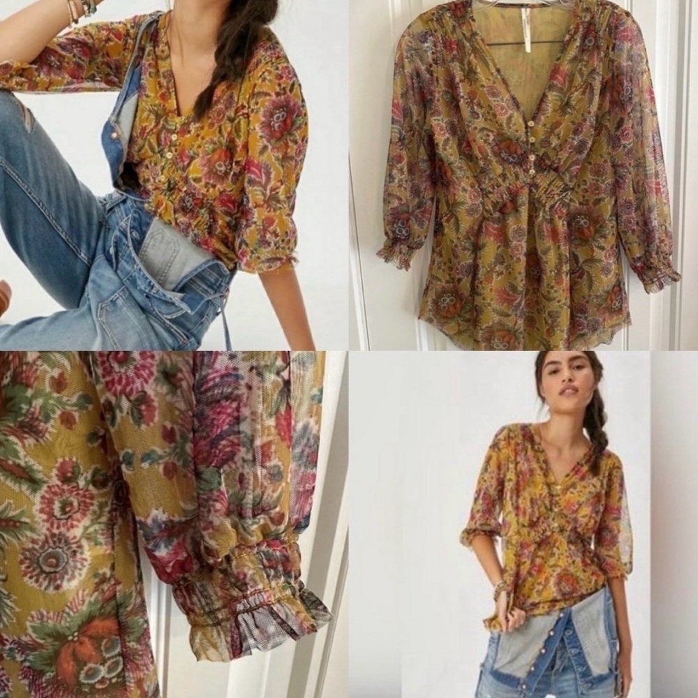 Anthropologie Gretchen Golf Floral Paisley Smocked Boho Top Women’s XS
